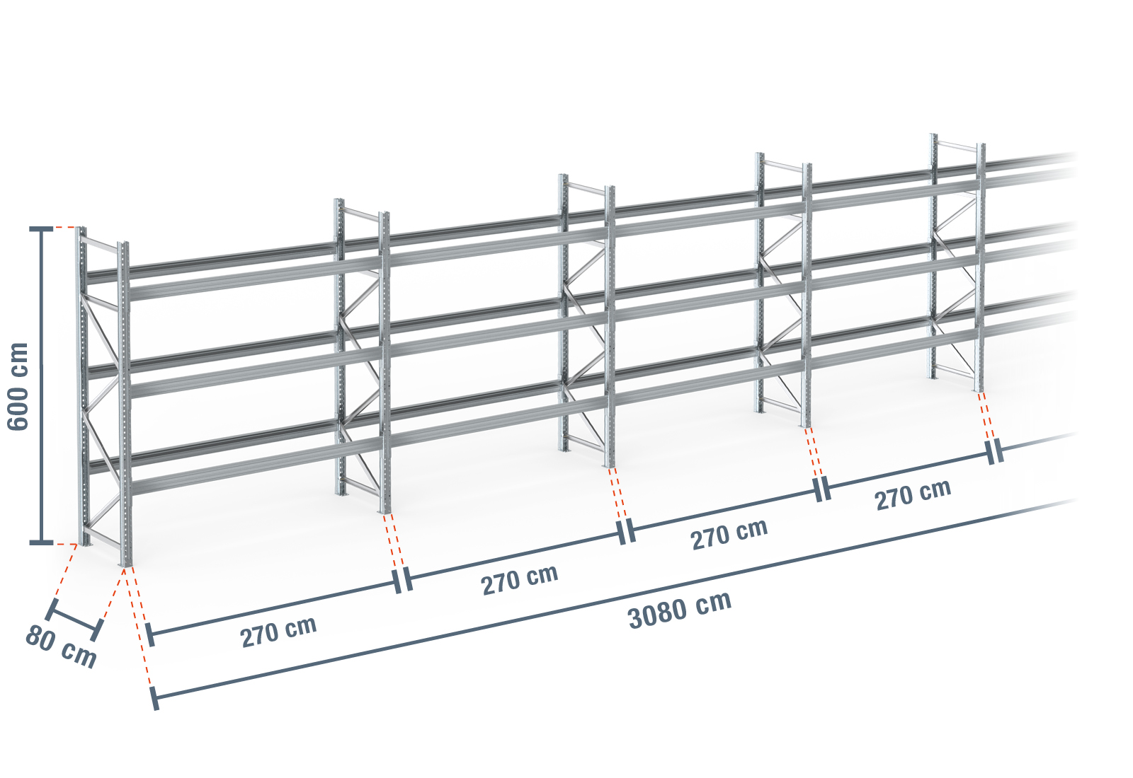 30 Pallet Rack 30,8 m pallet rack PR9000F galvanised / 80 cm deep / 6 m high / 3 ...