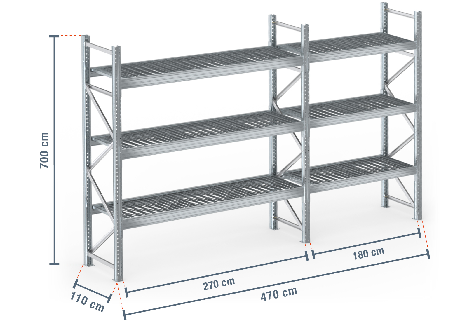 4,7 m pallet rack PR9000F galvanised / 110 cm deep / 7 m high / 3 ...