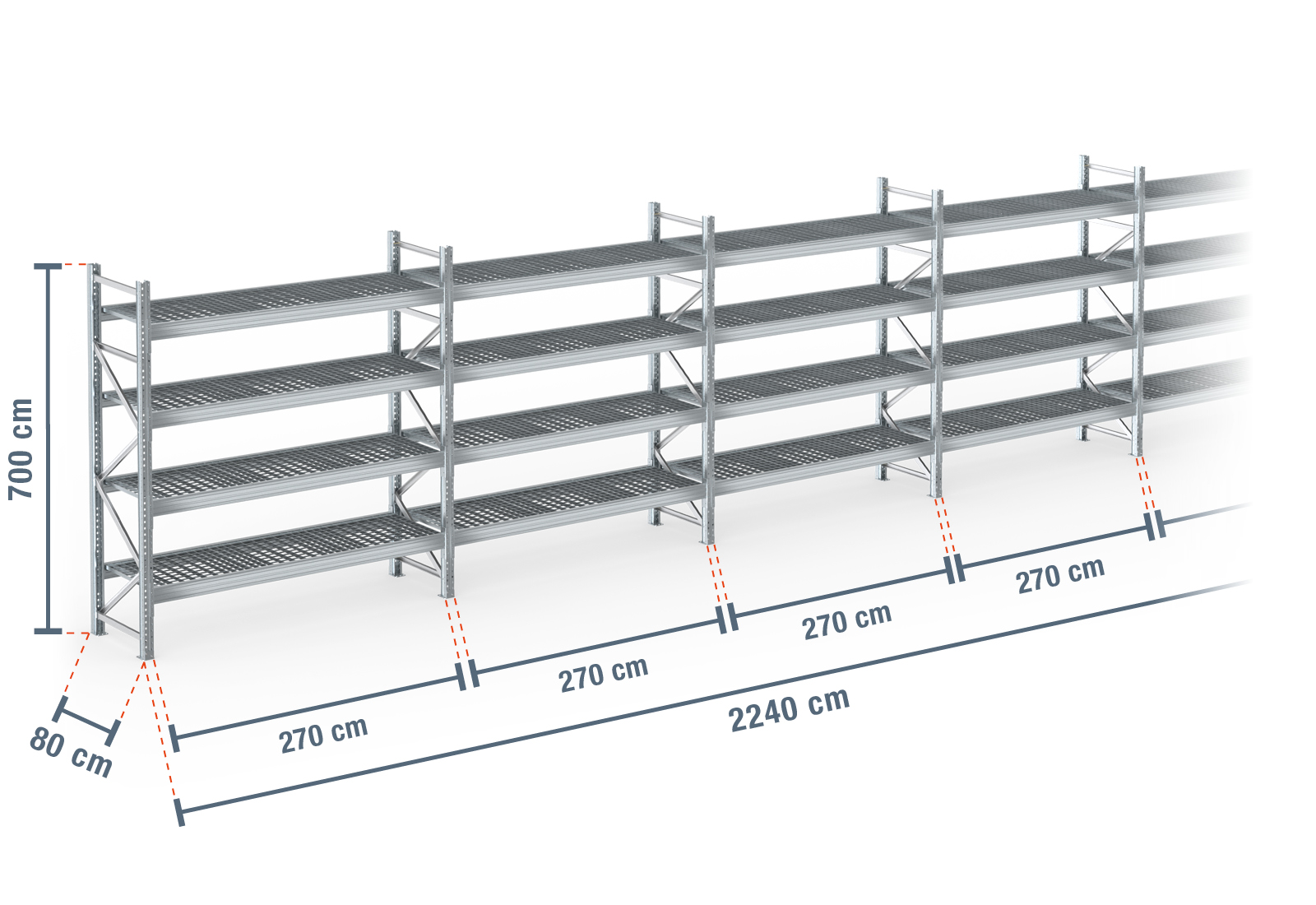 22,4 m pallet rack PR9000F galvanised / 80 cm deep / 7 m high / 4 ...