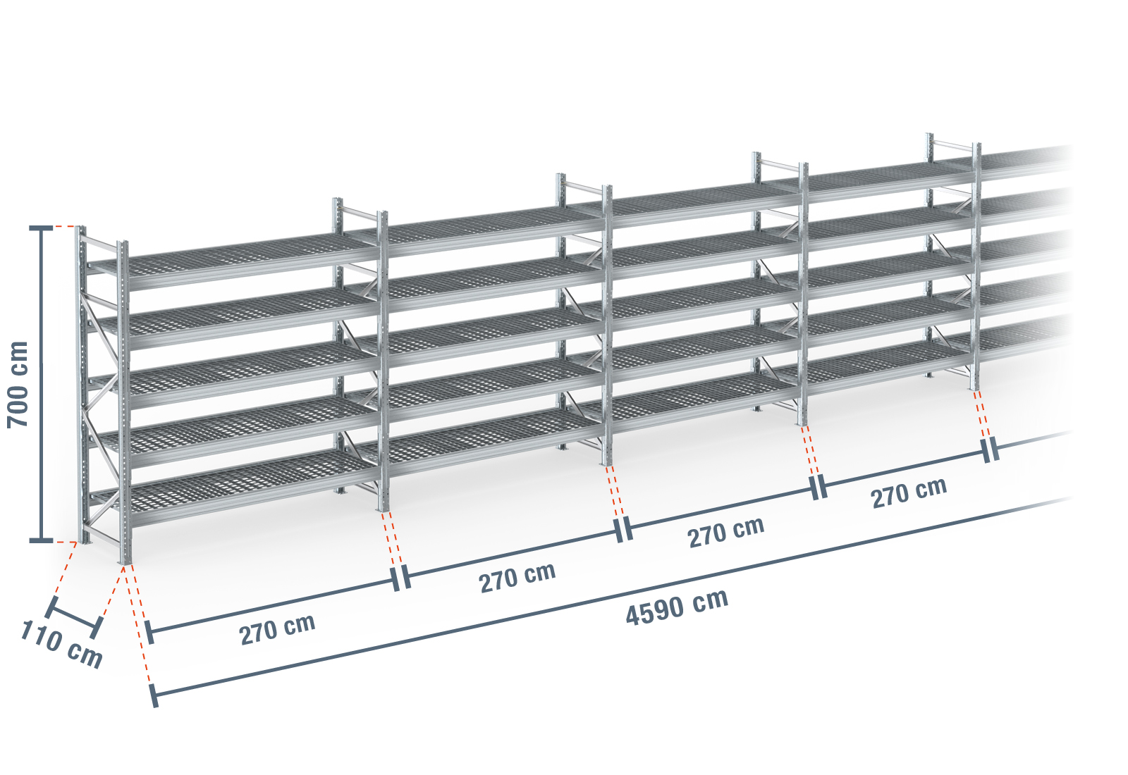 45,9 m pallet rack PR9000F galvanised / 110 cm deep / 7 m high / 5 ...
