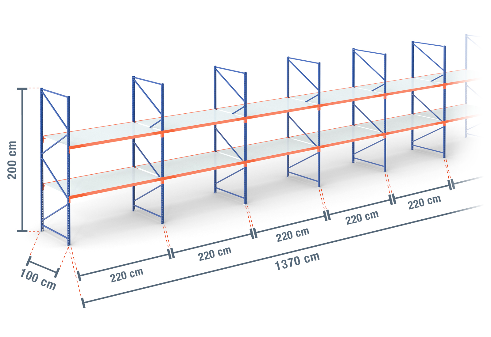 13,7 m storage rack LR2000 / 100 cm deep / 2 m high / 2 levels / rack ...
