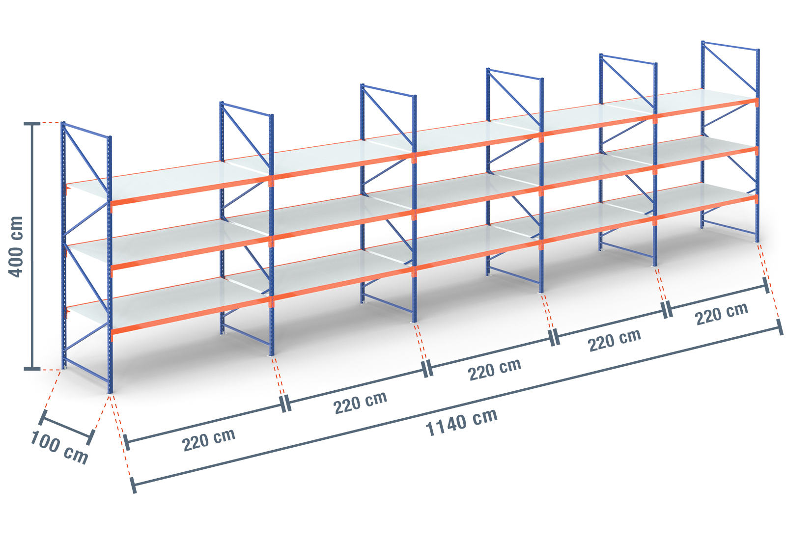 11,4 m storage rack LR2000 / 100 cm deep / 4 m high / 3 levels / rack ...