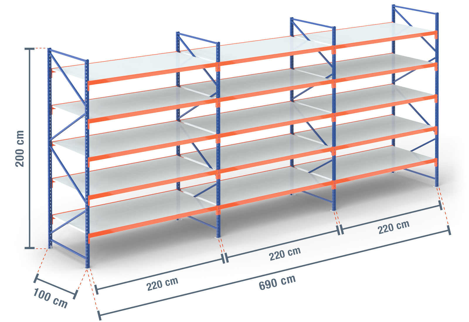 6,9 m storage rack LR2000 / 100 cm deep / 2 m high / 5 levels / rack ...