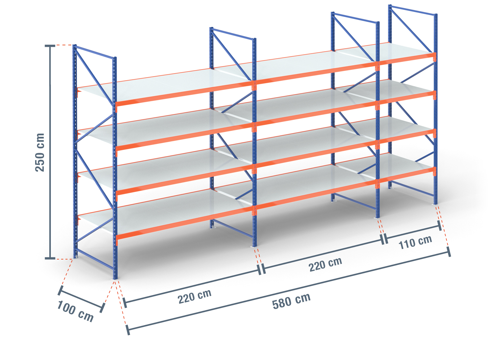 5,8 m storage rack LR2000 / 100 cm deep / 2,5 m high / 4 levels / rack ...