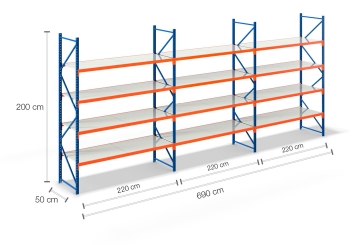 6,9 m Lagerregal LR2000 / 50 cm tief / 2 m hoch / 4 Ebenen / Auflage Stahl