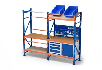 2,3 m table d’emballage MFP1000 / profondeur 60 cm / Hauteur 2 m / réglable en hauteur sur 40 cm / avec panneaux contreplaqués et armoires à outils 