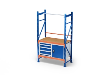 Table d’emballage MFP1000 1,2 m / 60 cm profondeur / 2 m hauteur / réglable en hauteur sur 40 cm / avec panneaux contreplaqués et armoires à outils 