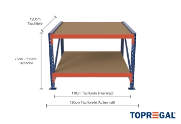Table de travail de base 1,2 m MFW1000-AT / profondeur 120 cm / hauteur 750  - 1.150 mm / 2 niveaux / platelage Bois 