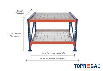 1,2 m Arbeitstisch Grundtisch MFW1000-AT / 120 cm tief / 750  - 1.150 mm hoch / 2 Ebenen / Auflage Gitterrost 