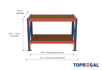 1,2 m table de travail de base MFW1000-AT / profondeur 80 cm / hauteur 750  - 1.150 mm / 2 niveaux / platelage Contre-plaqué 