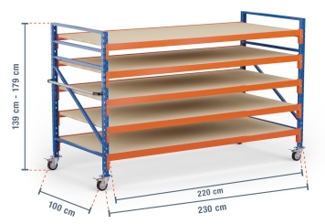 2,3 m Lagerregal fahrbar LR2000 / 100 cm tief / 1.390  - 1.790 mm hoch / 5 Ebenen / Auflage Holz