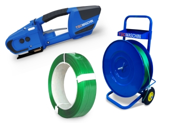 Akku-Umreifungs-Set: Abrollwagen, Umreifungsgerät inkl. Ersatzakku, PET-Umreifungsband (aus 99% Recyclingmaterial), TecMaschin 