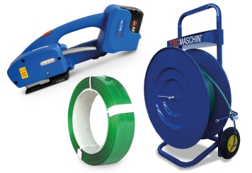 Umreifungs-Set Experte: Abrollwagen, Umreifungsgerät inkl. Ersatzakku, PET-Umreifungsband (aus 99% Recyclingmaterial), TecMaschin 