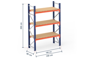 1,9 m Palettenregal PR4500 / 80 cm tief / 2 m hoch / 3 Ebenen / Auflage Holz
