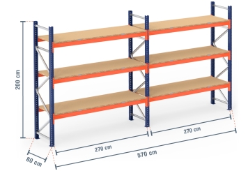 5,7 m Palettenregal PR4500 / 80 cm tief / 2 m hoch / 3 Ebenen / Auflage Holz