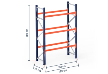 1,9 m pallet rack PR4500 / 110 cm deep / 3 m high / 3 levels for 8 euro pallets 