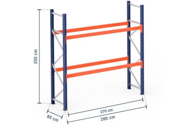 2,8 m pallet rack PR4500 / 80 cm deep / 2,5 m high / 2 levels for 9 euro pallets 