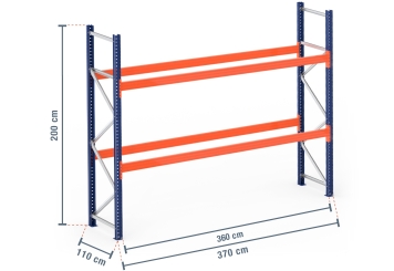 3,7 m pallet rack PR4500 / 110 cm deep / 2 m high / 2 levels for 12 euro pallets 