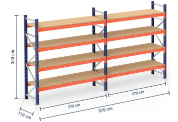 5,7 m Palettenregal PR9000 / 110 cm tief / 3 m hoch / 4 Ebenen / Auflage Holz