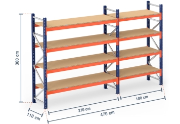 4,7 m Palettenregal PR9000 / 110 cm tief / 3 m hoch / 4 Ebenen / Auflage Holz