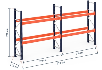 5,7 m Palettenregal PR15000 / 110 cm tief / 2 m hoch / 2 Ebenen für 18 Europaletten
