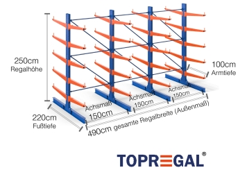 Cantilever rack painted on both sides with dimensioning