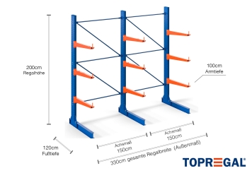 Cantilever rack painted on one side with dimensioning