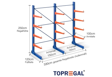 Cantilever rack painted on one side with dimensioning