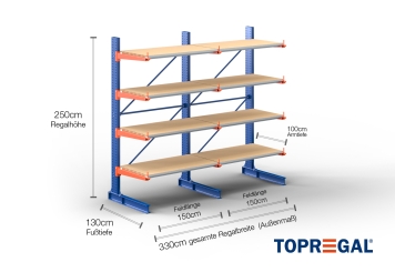 Cantilever rack painted on one side with dimensioning