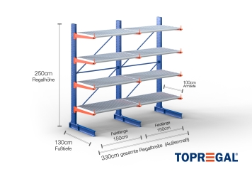 Cantilever rack painted on one side with dimensioning
