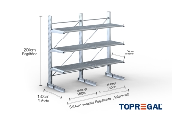 Cantilever rack galvanised on one side with dimensioning