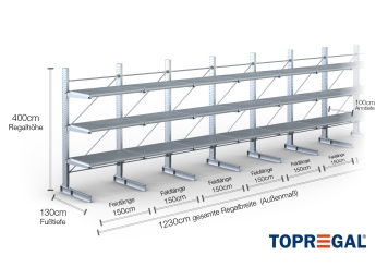 Cantilever rack galvanised on one side with dimensioning