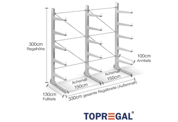 Cantilever rack galvanised on one side with dimensioning