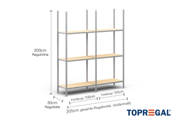 2 m rayonnage métallique FB200 / profondeur 30 cm / hauteur 2 m / 3 niveaux / platelage Bois / charge de tablette 200 kg 
