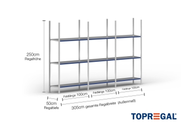 3 m rayonnage métallique FB200 / profondeur 50 cm / hauteur 2,5 m / 3 niveaux / platelage Acier / charge de tablette 200 kg 