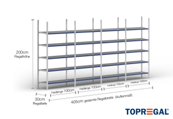 4 m rayonnage métallique FB200 / profondeur 30 cm / hauteur 2 m / 5 niveaux / platelage Acier / charge de tablette 200 kg 