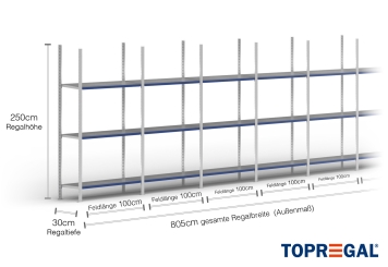 8 m heavy duty shelf FB200 / 30 cm deep / 2,5 m high / 3 levels / rack layer Steel / compartment load capacity 200 kg 