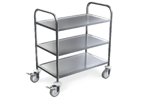 Produktbild von Etagenwagen Aus Kunststoff – 3 Etagen, 810x415x970 Mm, Tragkraft 150 Kg – 4 Lenkrollen, 2 Mit Bremse – Silber-schwarz