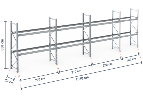 10,3 m pallet rack PR9000F galvanised / 80 cm deep / 6 m high / 2 ...
