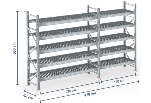 4,7 m pallet rack PR9000F galvanised / 80 cm deep / 6 m high / 5 levels ...
