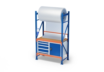 Table d’emballage MFP1000 1,2 m / 60 cm profondeur / 2 m hauteur / réglable en hauteur sur 40 cm / avec panneaux contreplaqués et armoires à outils 