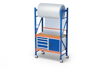 1,2 m table d’emballage MFP1000 mobile / profondeur 60 cm / hauteur 2,14 m / réglable sur 40 cm en hauteur / avec panneaux contreplaqués et armoires à outils 