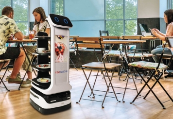 Robot serveur restaurant Robi4-HD, 4 niveaux de tablettes, 490 mm x 580 mm x 1.290 mm, TecMaschin 