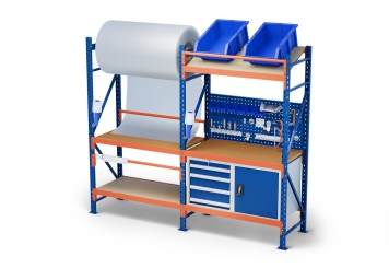 2,3 m table d’emballage MFP1000 / profondeur 60 cm / Hauteur 2 m / réglable en hauteur sur 40 cm / avec panneaux contreplaqués et armoires à outils 