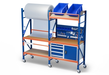 2,3 m table d’emballage mobile MFP1000 / 60 cm profondeur / 2,14 m hauteur / réglable en hauteur sur 40 cm / avec panneaux contreplaqués et armoires à outils 