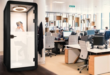 Büro Telefonzelle / Telefonkabine LIA100 mit Milchglasfolie für 1 Person, Schwarz, 870 mm x 866 mm Raumfläche 