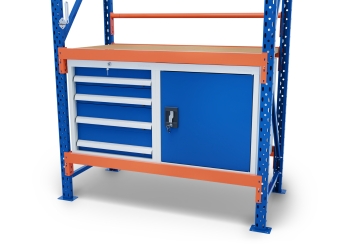 Table d’emballage MFP1000 1,2 m / 60 cm profondeur / 2 m hauteur / réglable en hauteur sur 40 cm / avec panneaux contreplaqués et armoires à outils 