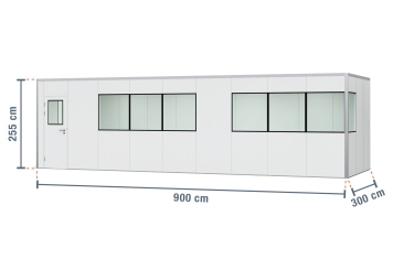 Hallenbüro Meisterbüro PREFAB-27, 8 Fenster, 1 Tür (15 Wand-Paneele, 9 Decken-Paneele) 