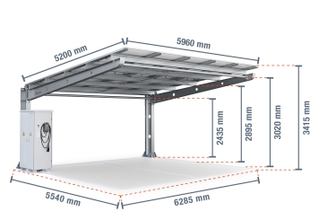 Abri voiture PP2/40-G6300-1, simple face, panneau de base avec 15 modules solaires y compris Wallbox et armoire de commande, SoloPort 