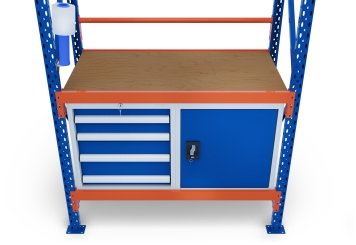 Table d’emballage MFP1000 1,2 m / 60 cm profondeur / 2 m hauteur / réglable en hauteur sur 40 cm / avec panneaux contreplaqués et armoires à outils 